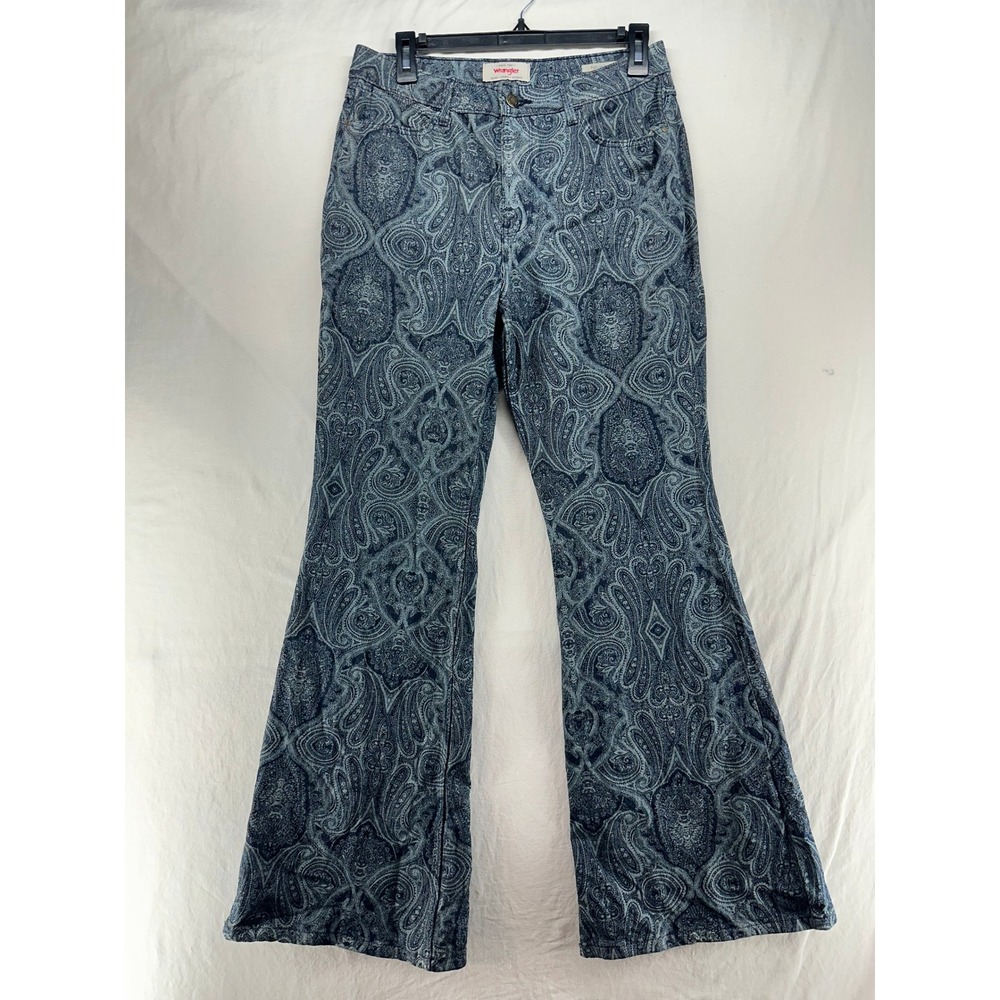 Wrangler High Rise‎ Flare Jeans Blue Paisley Print Boho Retro 6
